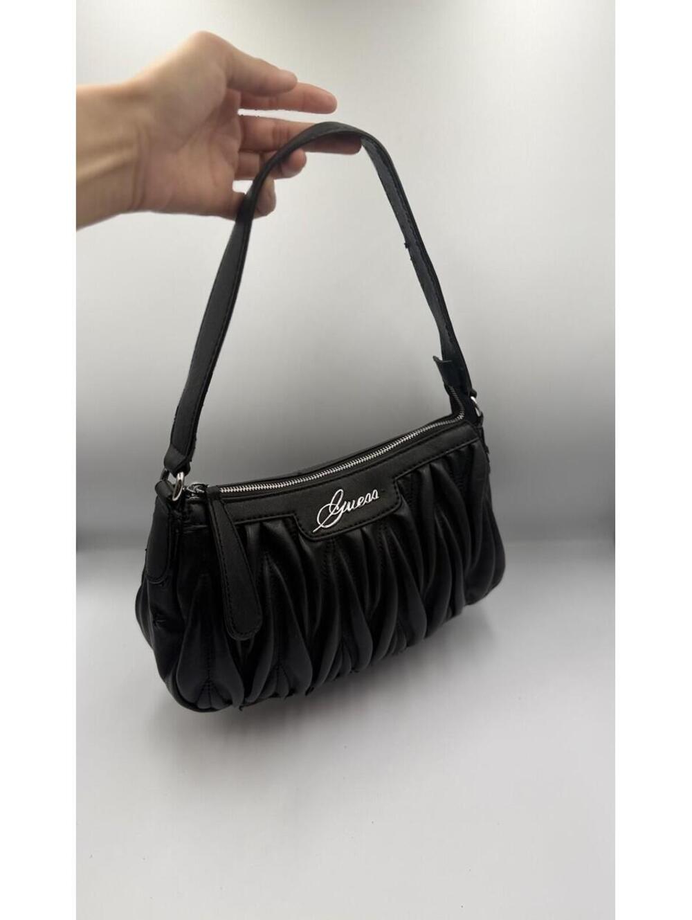 GUESS Black Ruched Shoulder Bag Y2K Mini Purse Silver Logo